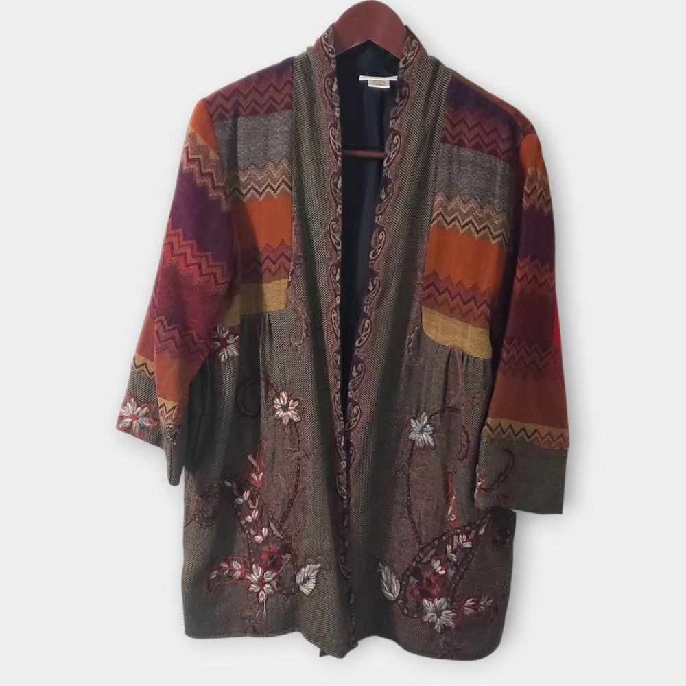 Soft Surroundings Wool Floral Embroidered Herringbone Boho Open Front Jacket L